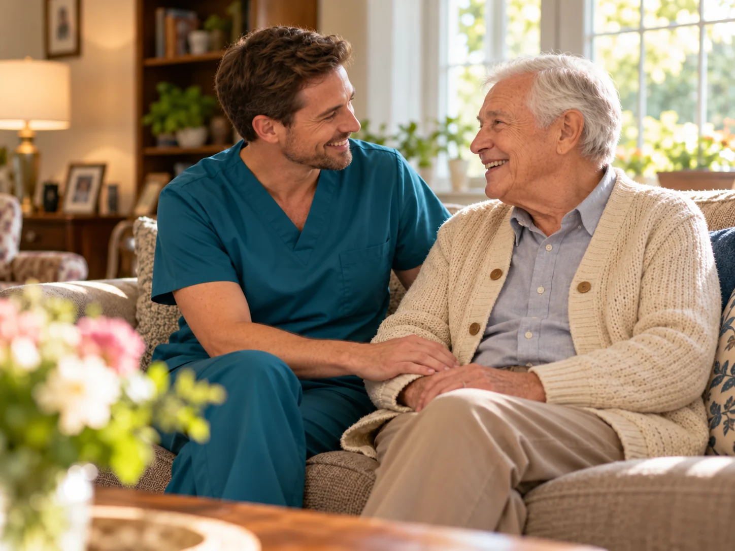Illustration of a caregiver and an older adult sharing a warm conversation