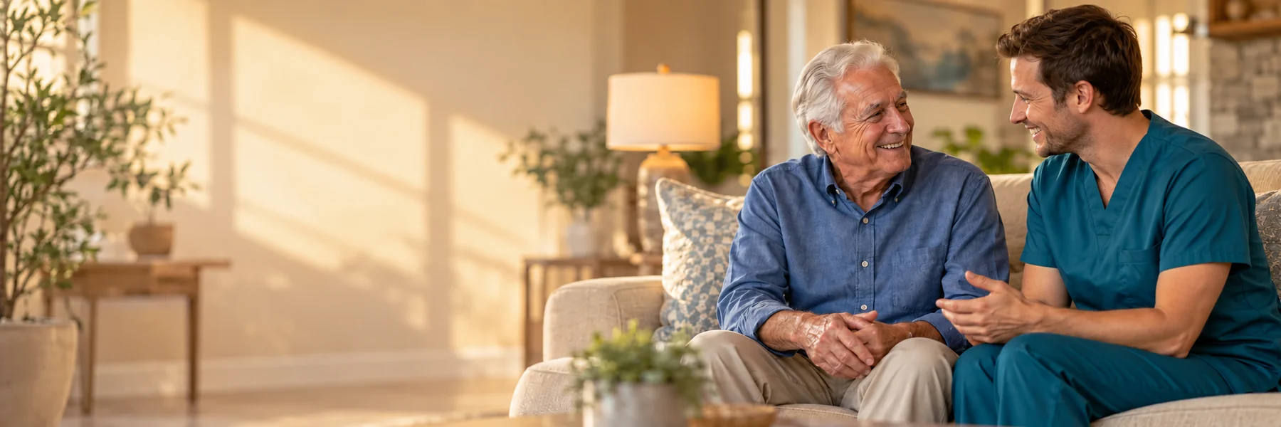 Illustrative older man speaking with a caregiver