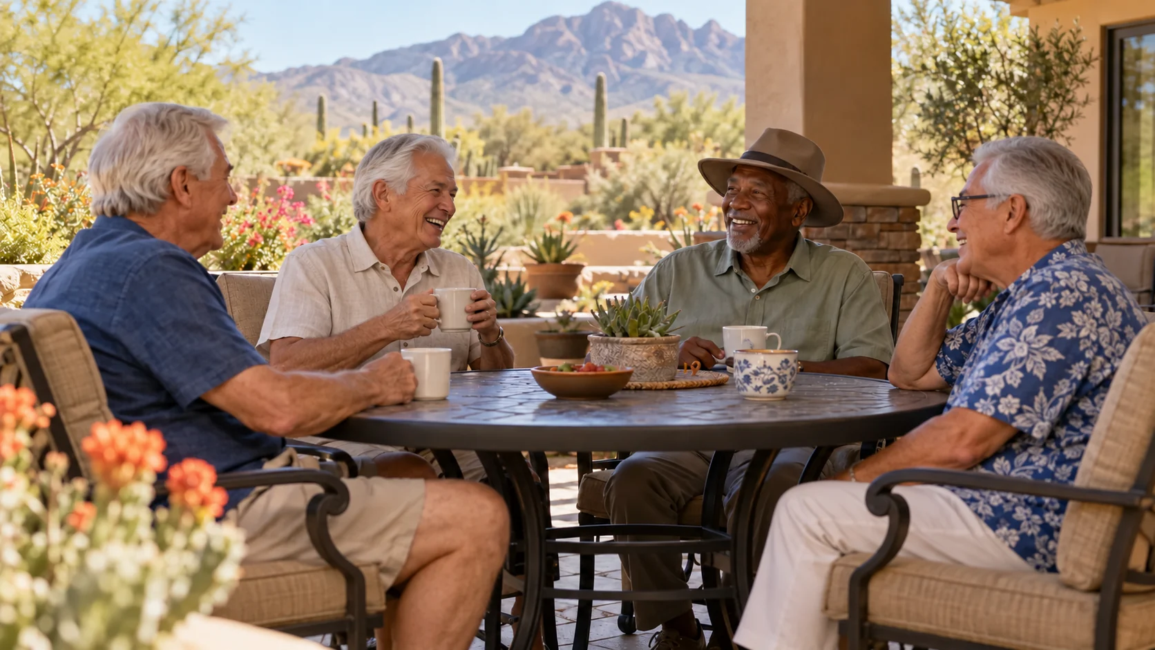 Illustrative older adults enjoying a conversation